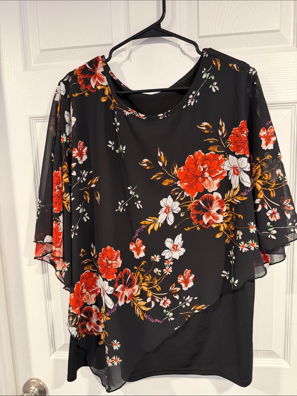 Women’s Black Floral Overlay Top with Red Flowers